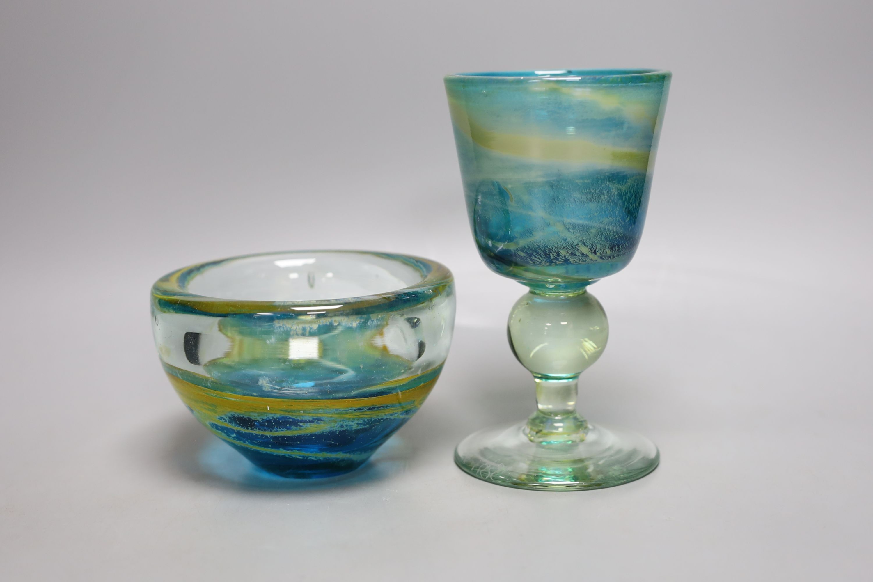 A Mdina glass goblet and vase, Tallest 17 cm